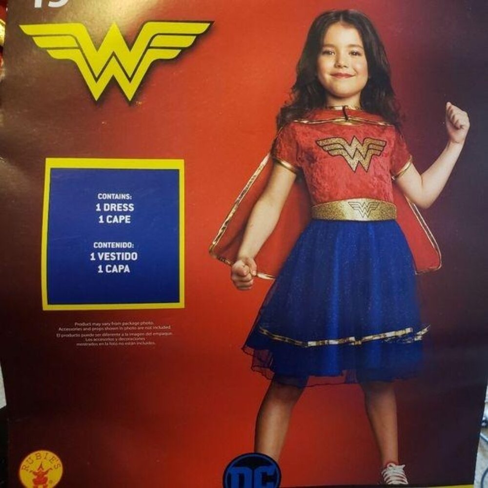 Girls Wonder Woman super hero halloween Costume Dress & Cape Set Sz L 10-12 kids - Picture 2 of 4